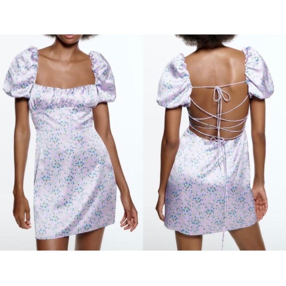 Zara Floral Lace Up Satin Dress Lilac Purple Sz. S cottage core fairy